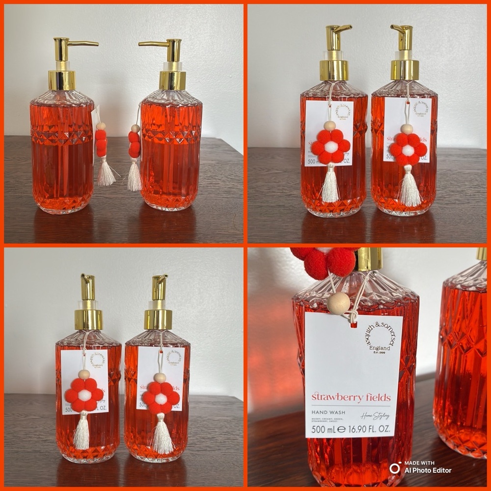 NWT- 2- Elegant Red Orange Strawberry Fields Clear Glass English Soap Dispensers